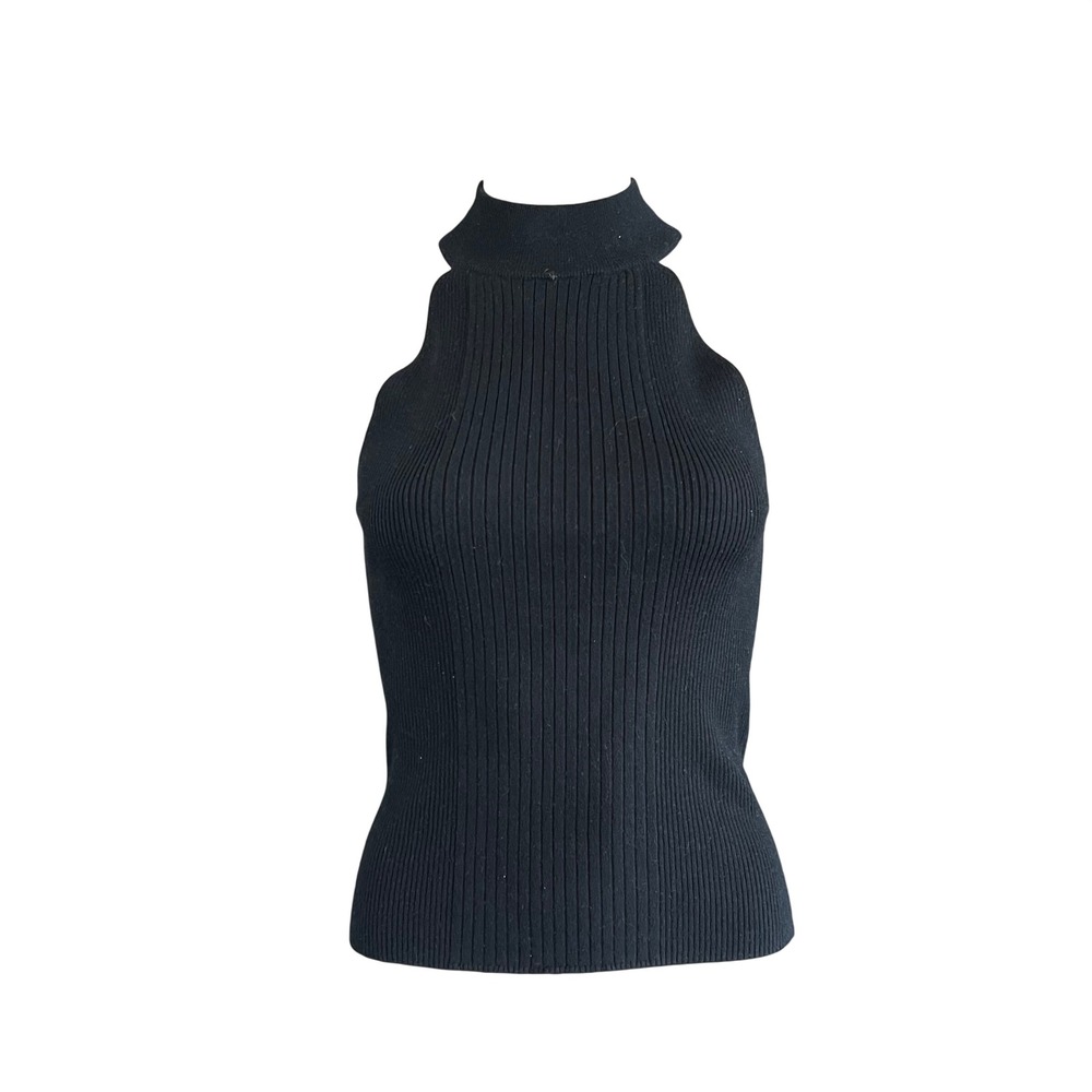 FRAME Noir Black Ribbed Silk Blend Mock Neck Halter Tank Top M LWSW0946